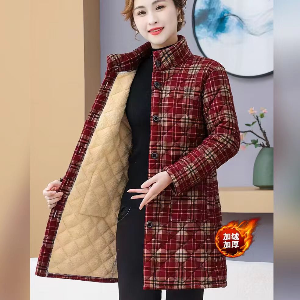 妈妈冬季大码棉服保暖加绒加厚新款立领棉衣中长款外套格子棉袄