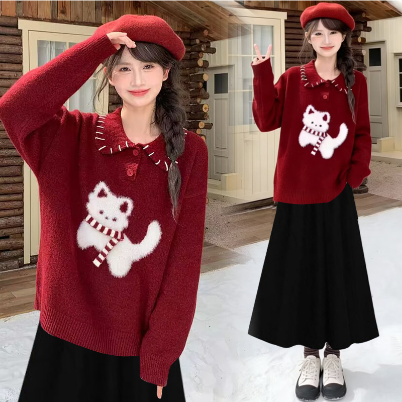 【优质款】孕妇装秋冬季时尚圣诞跨年网红图案元旦红色小猫毛衣上衣