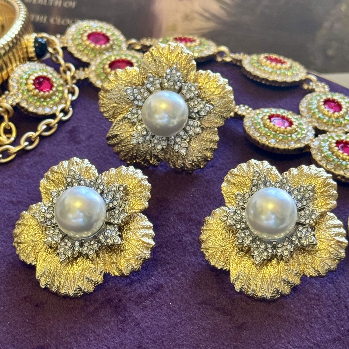 黄铜锆石耳饰 「金叶香珠」超美！中古珍珠耳环法国香风拉丝雕戒指