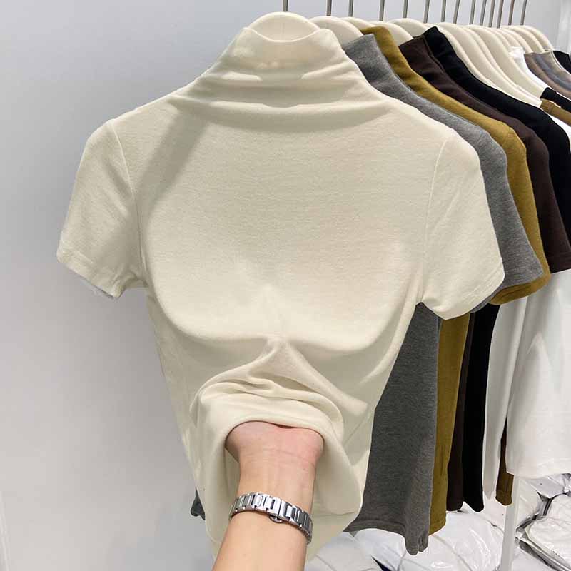 纯色半高领打底衫女士2025夏季新款时尚百搭黑色修身显瘦短袖t恤