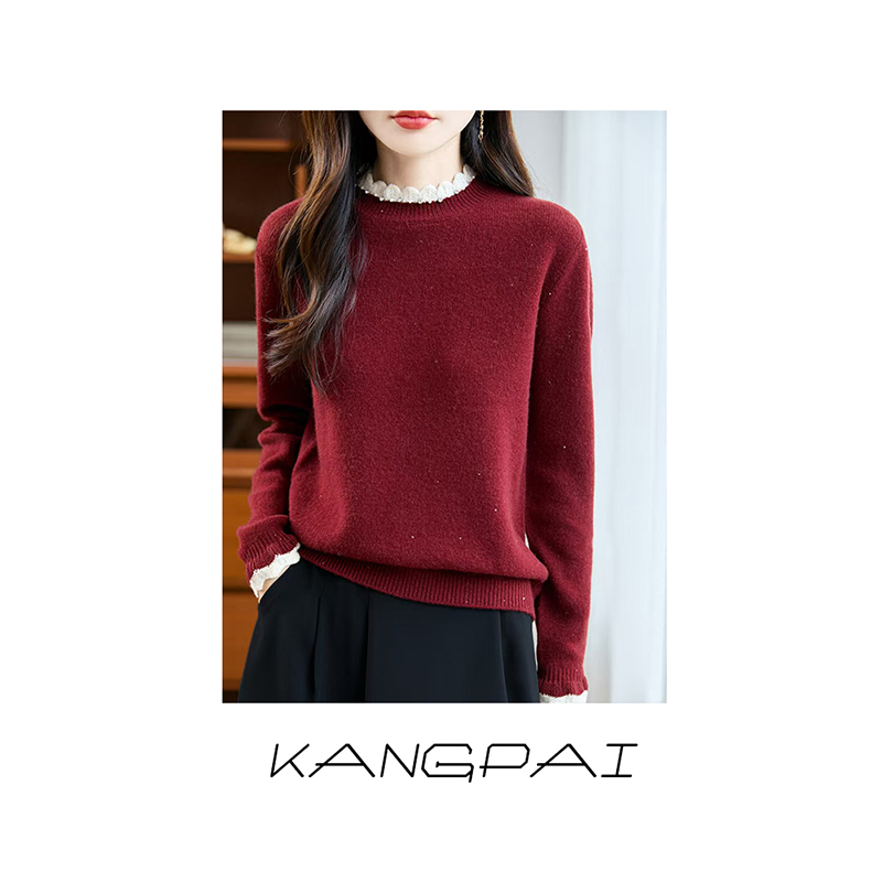 【圣诞~新年款】如意红~100%纯羊毛衫手工钩花木耳边半高领毛衣打底