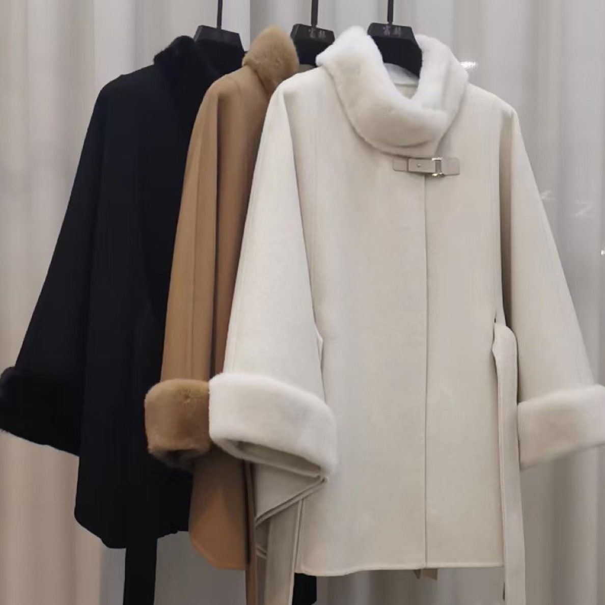 2025韩新双面呢大衣斗篷式外套水貂毛领系带春秋冬时尚潮