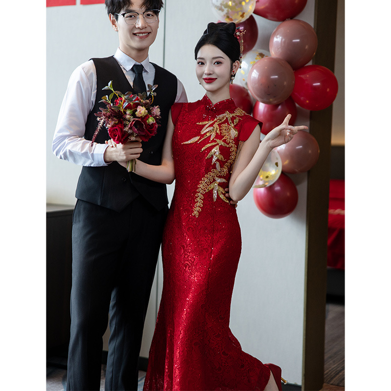 订婚晚礼服女高级感鱼尾酒红色敬酒服连衣裙亮片轻奢小众高端HY