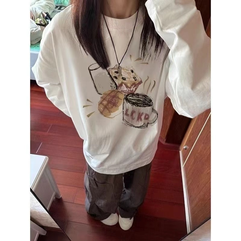 爆款秋季设计感宽松圆领长袖T恤女2025新款美式印花百搭休闲上衣