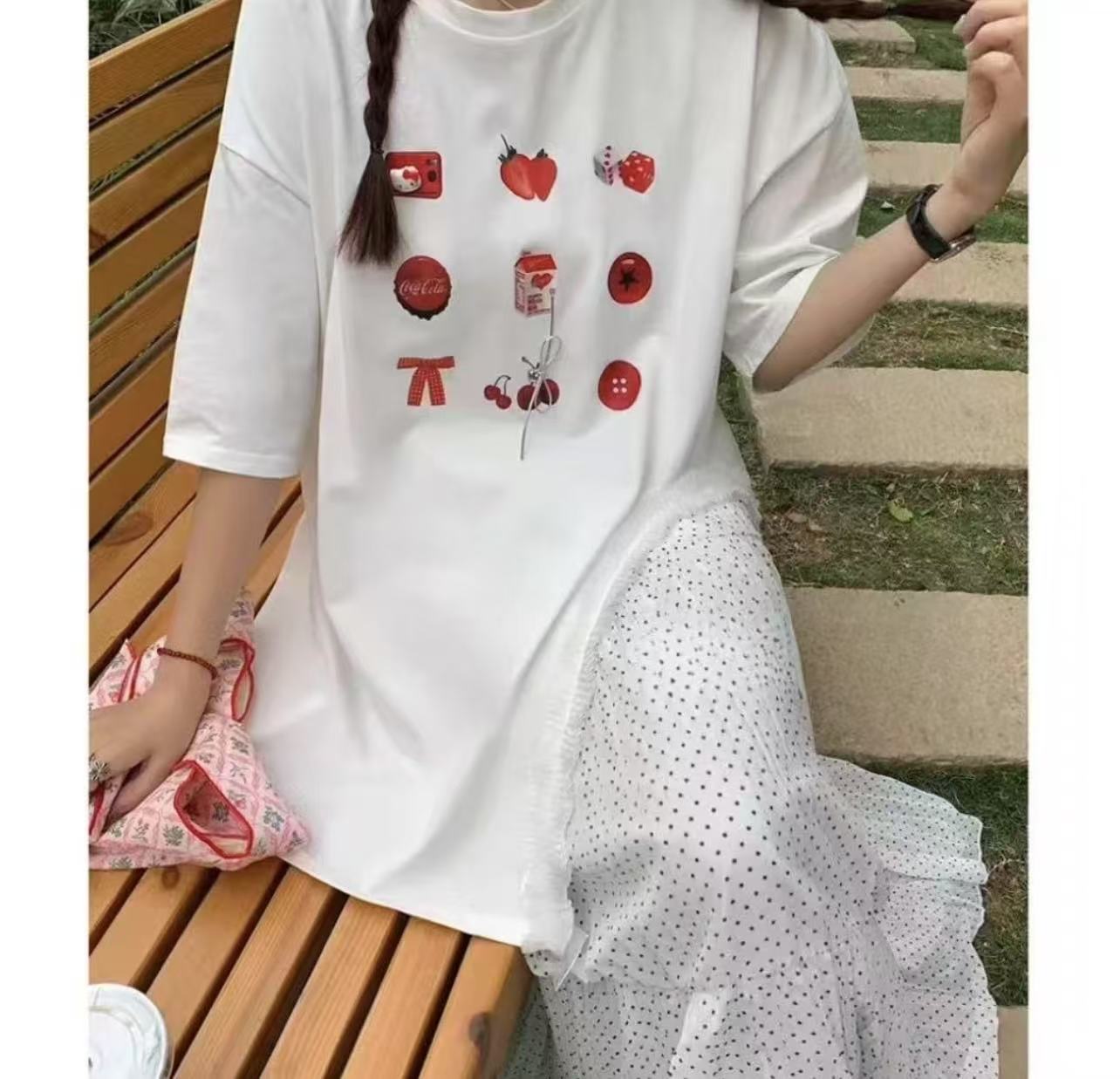 初夏新款韩版宽松显瘦百搭卡通印花短袖T➕波点半裙