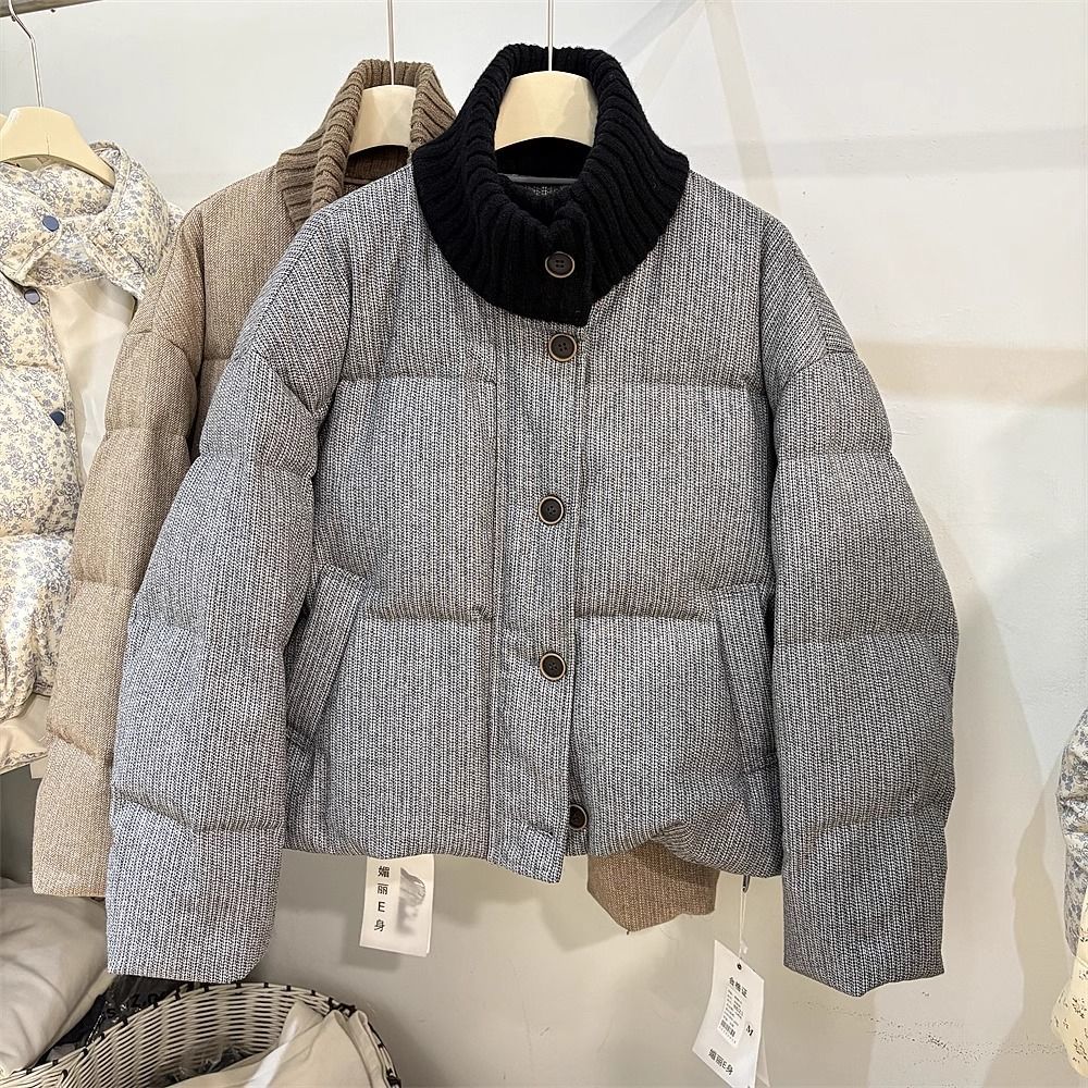 高级感撞色针织拼接棉服女款2024冬季超好看独特撞色加厚棉衣外套