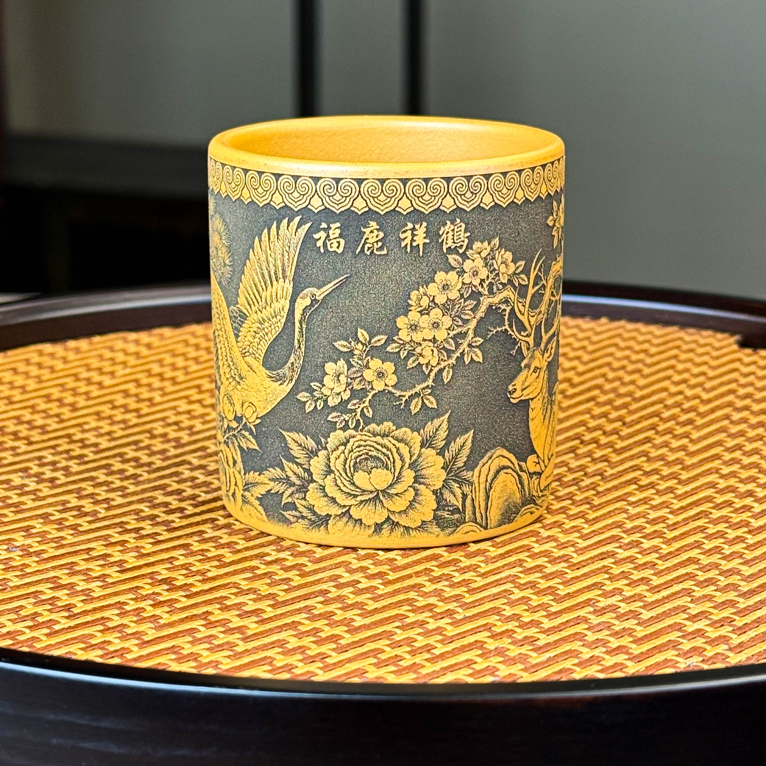 主人杯宜兴紫砂福禄祥鹤刻绘紫砂杯黄金朱泥男士高端个人专用茶杯