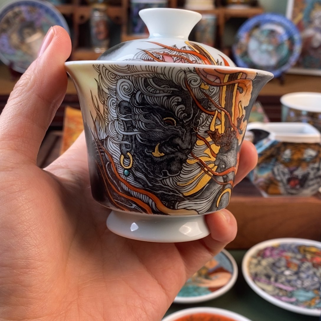 手工手绘不动明王盖碗