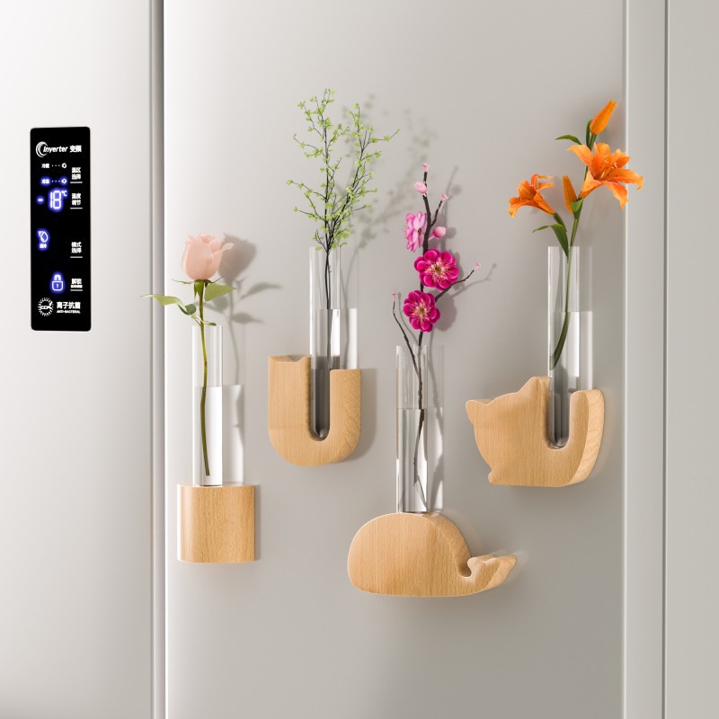 实木磁吸铁石冰箱贴家居玻璃大口径水培插花器中国风可爱贴礼物