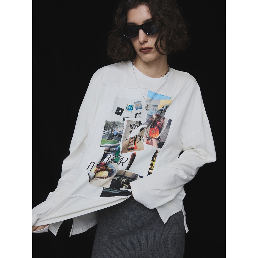 【MonTendre】秋冬新款 代 照片元素拼图设计宽松百搭圆领T恤上衣女