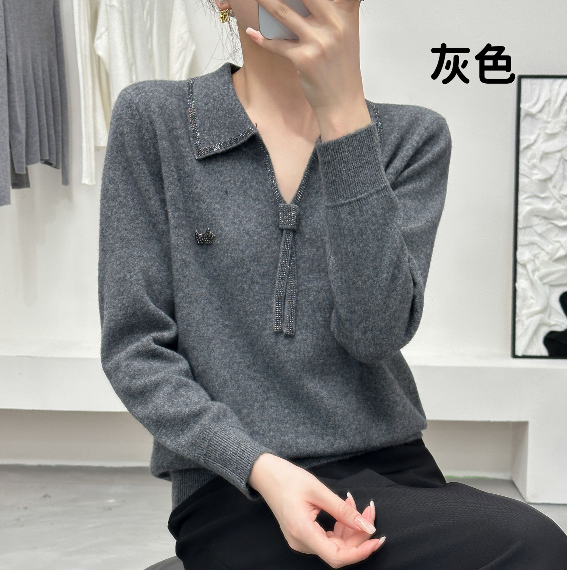 黛妍6615冬季新款100%羊毛洋气百搭翻领小V领飘带针织套头上衣