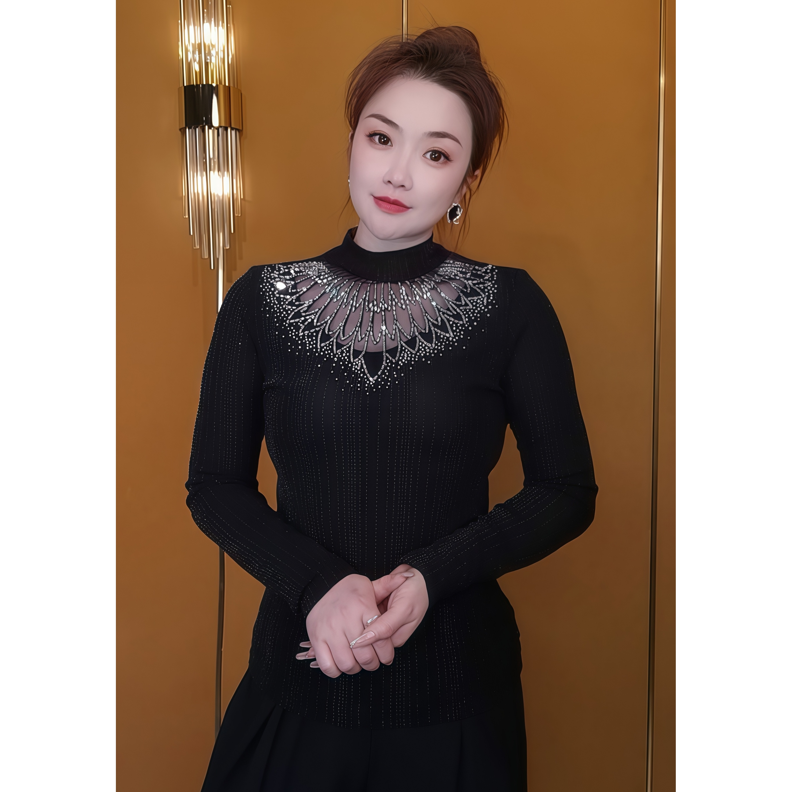 2025春季新款立领网纱时尚镂空重工花边烫钻修身百搭内搭打底衫