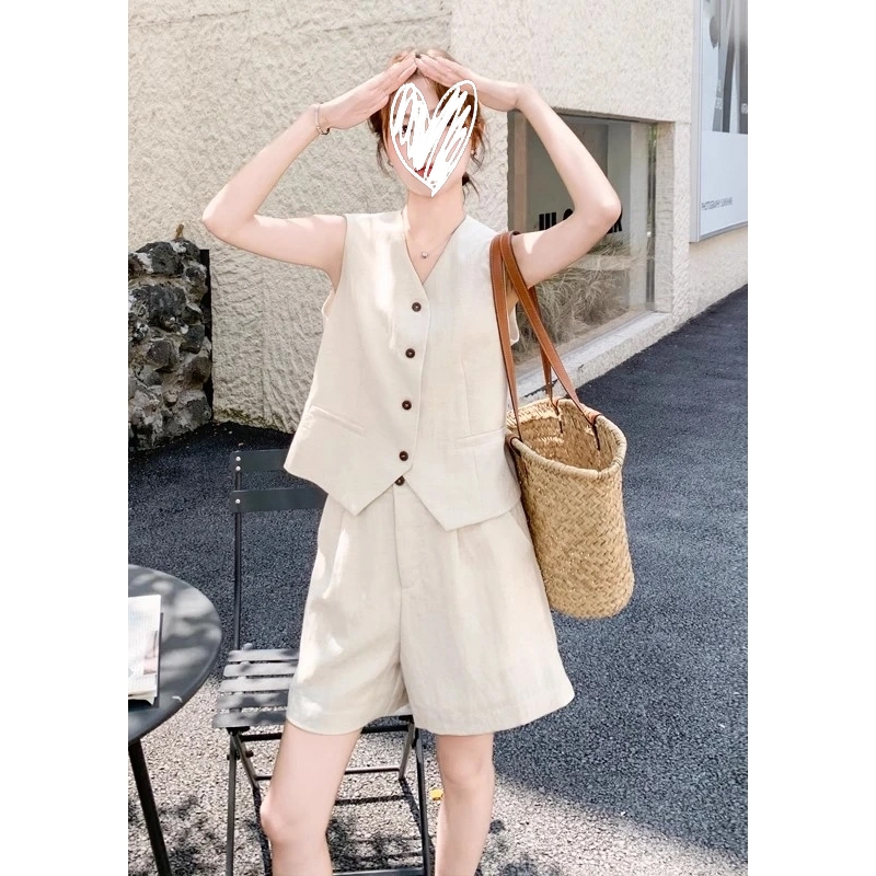 高级感老钱风亚麻马甲短裤两件套装女2025夏季大方得体穿搭一整套