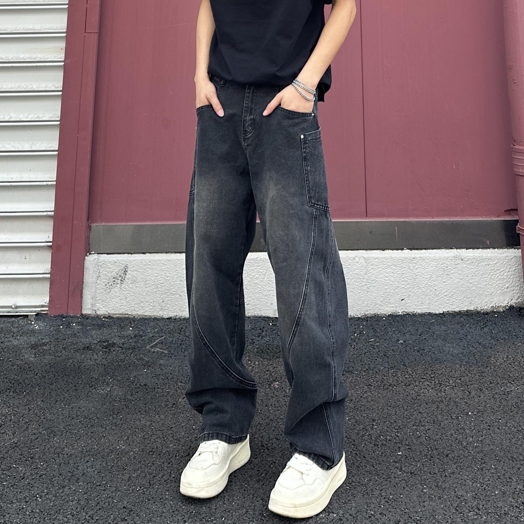 美式拼接痞帅百搭水洗潮流直筒牛仔裤vibe高级小众设计多口袋裤子