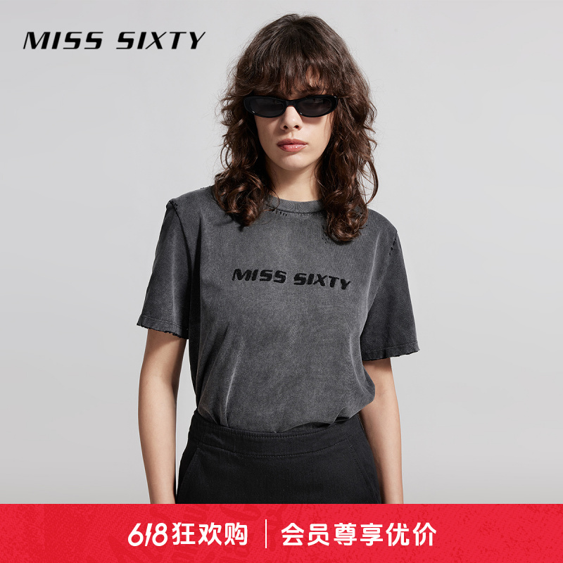 MissSixty夏季新款短袖T恤女圆领字母破洞做旧感复古尤莱特