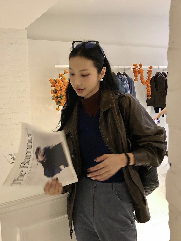 棕色纯色夹克皮衣外套女2025夏韩东大门上衣 the barnn*t