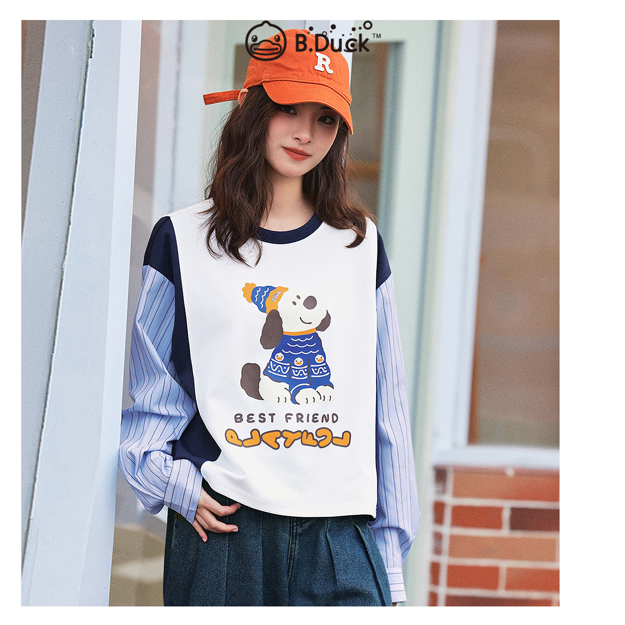 【汪星世界】B.Duck小黄鸭2025春新款蓝白撞色假两件拼接印花卫衣