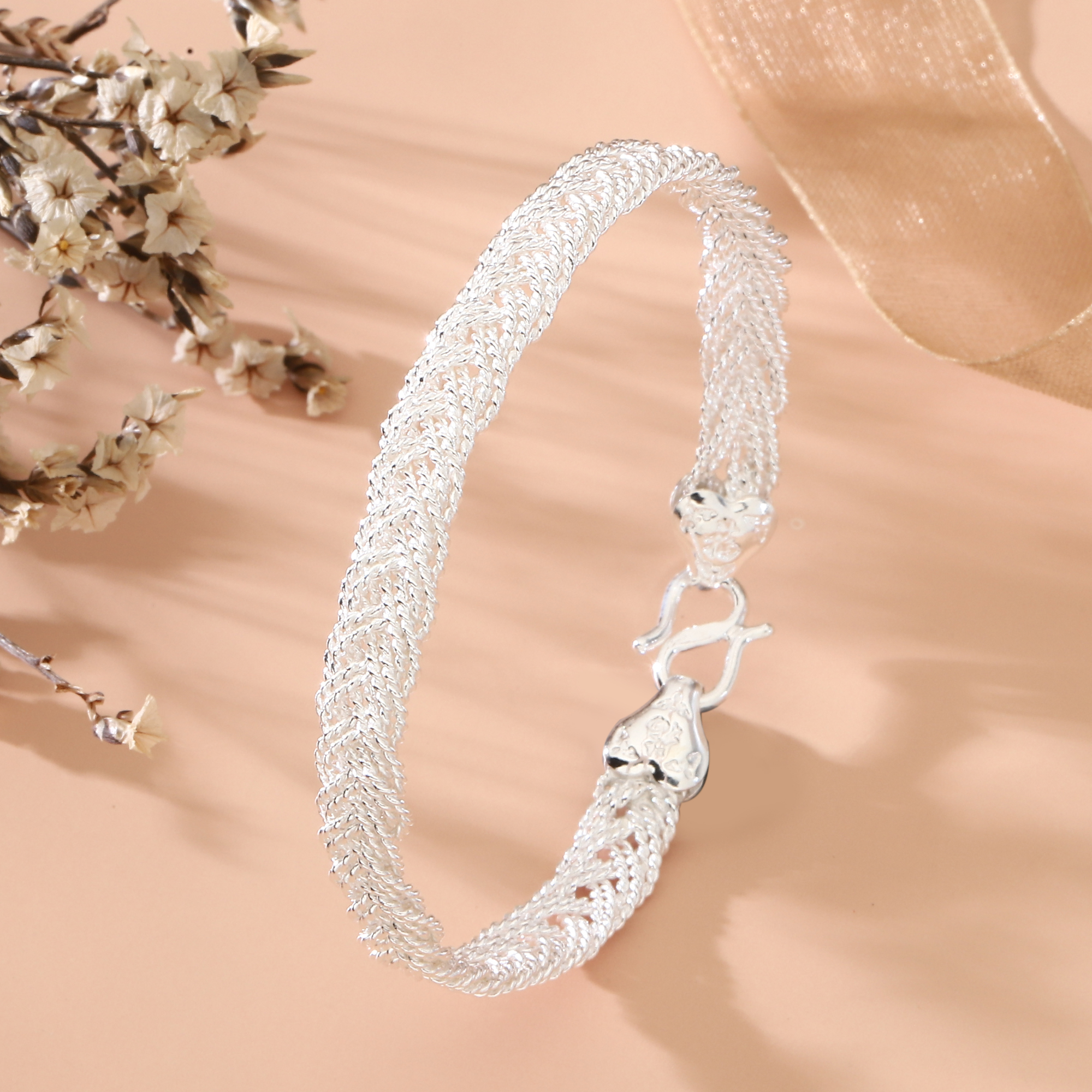 足银手镯 纯银990双线编织麻花手镯气质轻奢时尚百搭手工足银手镯