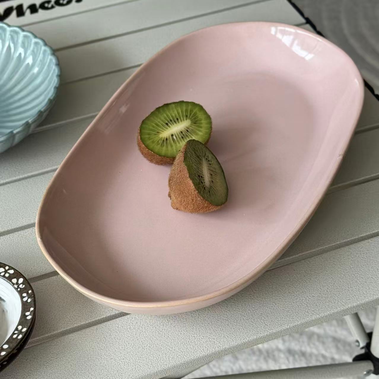  y02 做旧粉陶瓷鱼盘异形麻点椭圆深盘高级感大菜盘 微瑕 