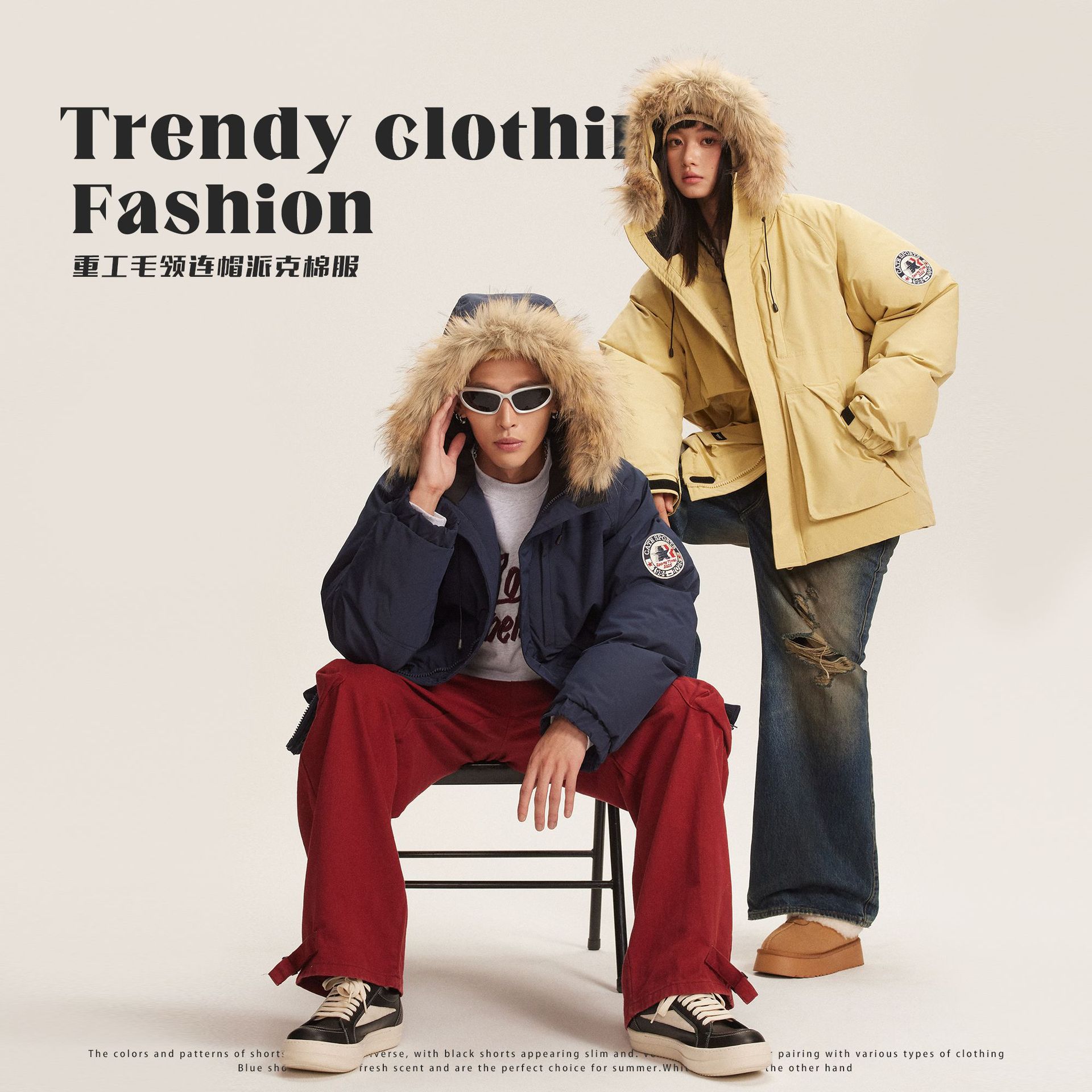 KHUNAN冬季毛领派克服男款潮高级感美式复古工装棉服bf外套情侣