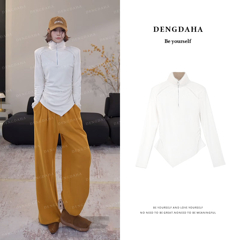 DENGDAHA「小羊肖恩」绒毛半高领拉链打底长袖秋冬保暖上衣 Q5065