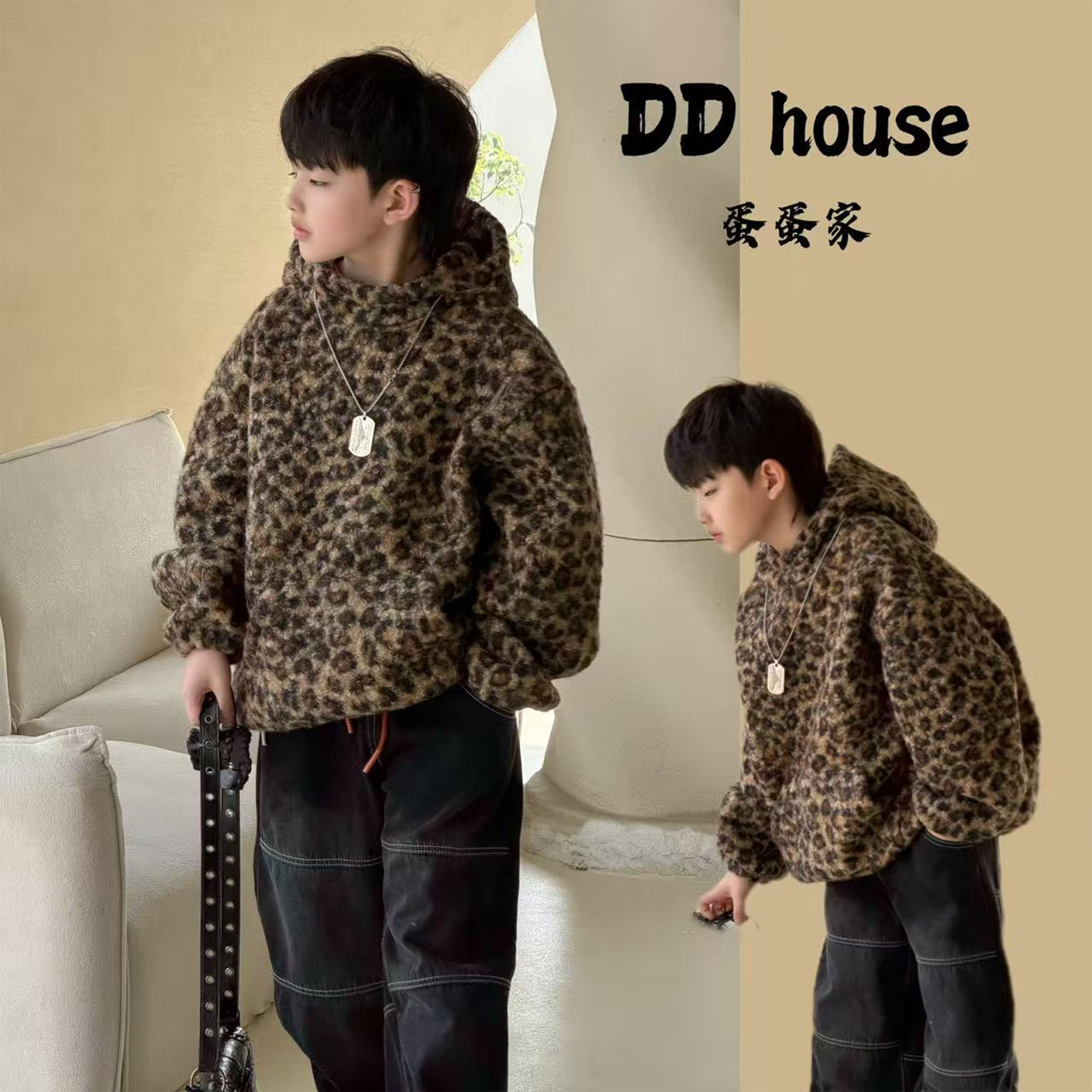 蛋蛋家【绵绵圈】25339冬季新款棕色豹纹毛毛加绒卫衣