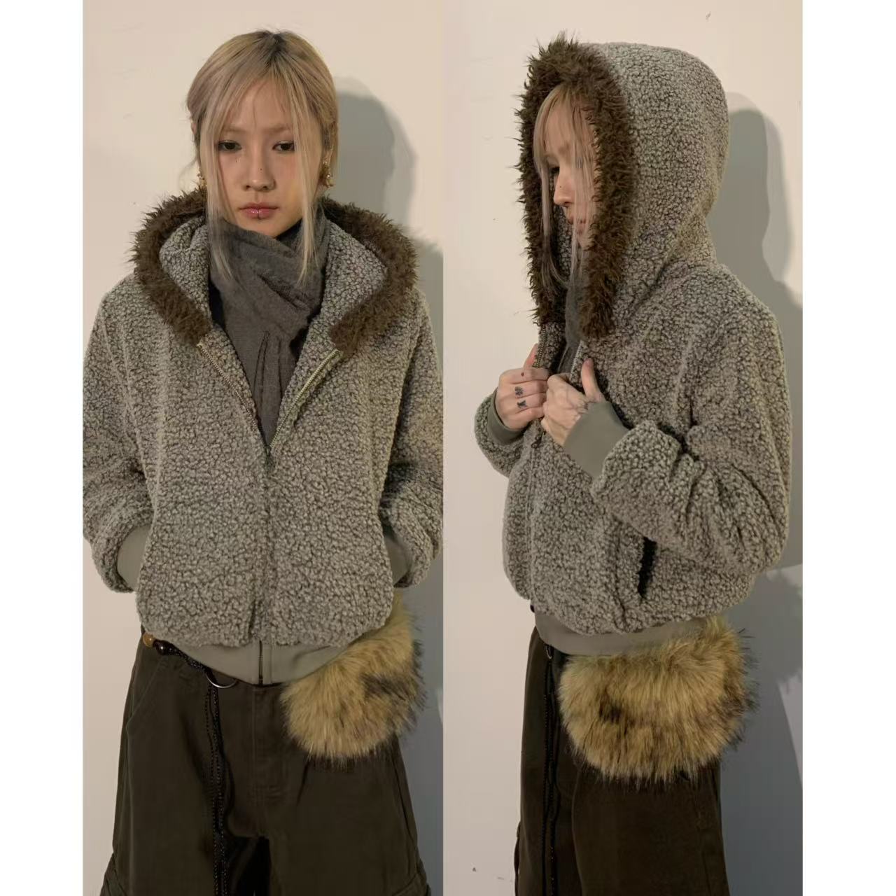 Fearless”美式复古宽松保暖摇粒绒休闲拉链连帽外套