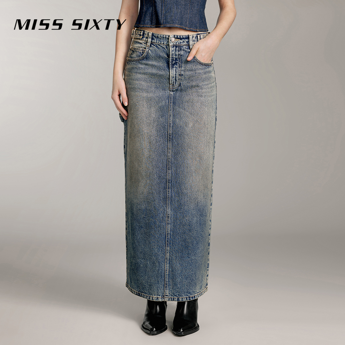 Miss Sixty秋季新款牛仔半裙女复古低腰可调节直筒开衩工装裙