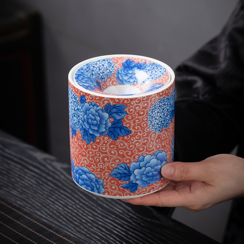 珐琅彩国风烟灰缸防飞灰繁花茶洗陶瓷茶渣缸水盂杯洗家用茶具配件