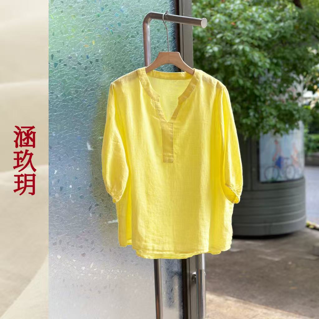 涵玖玥▪100%双雨露汉麻【柠檬汽水】V领精致上衣鲤-903