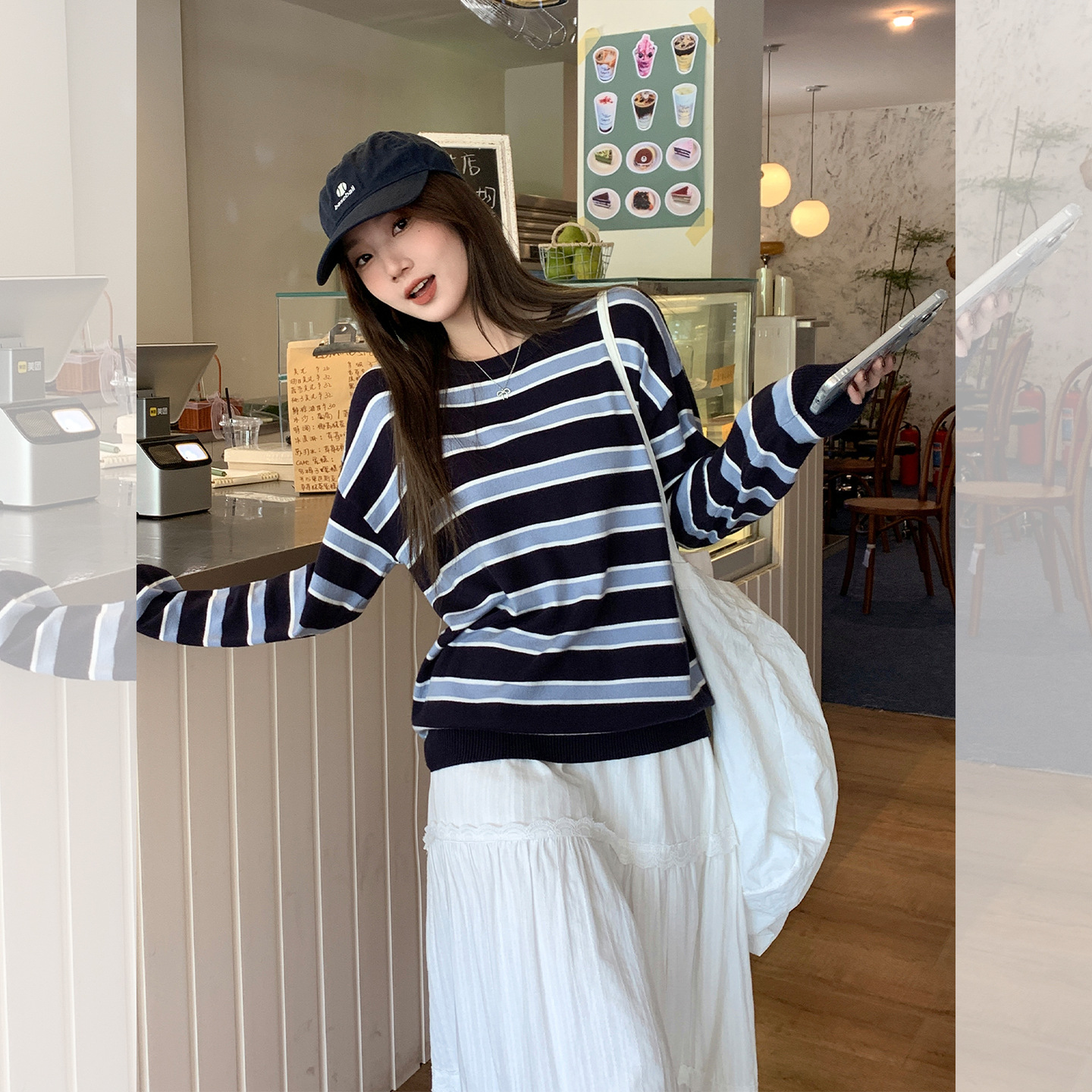 亦声韩系慵懒风条纹圆领针织衫长袖女2025早秋新款宽松别致设计CP