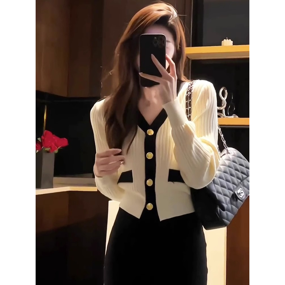 小香风V领毛衣女秋装长袖针织开衫外套贵气名媛穿搭绝美短款上衣