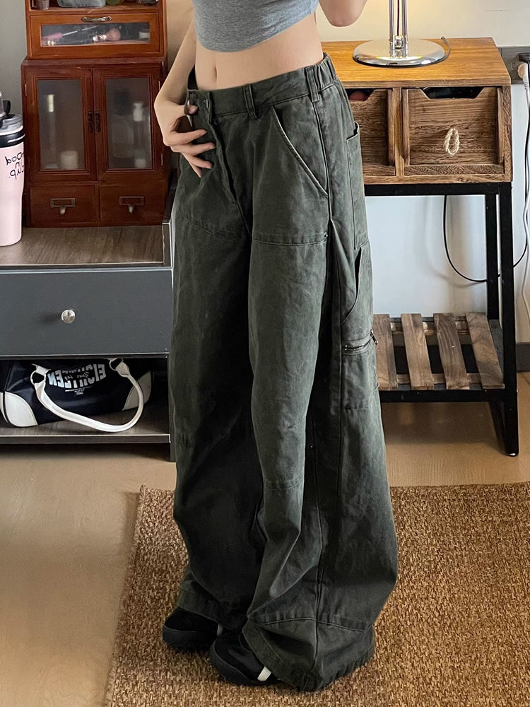 美式复古阔腿工装牛仔裤女春季辣妹高街设计感宽松直筒休闲长裤子