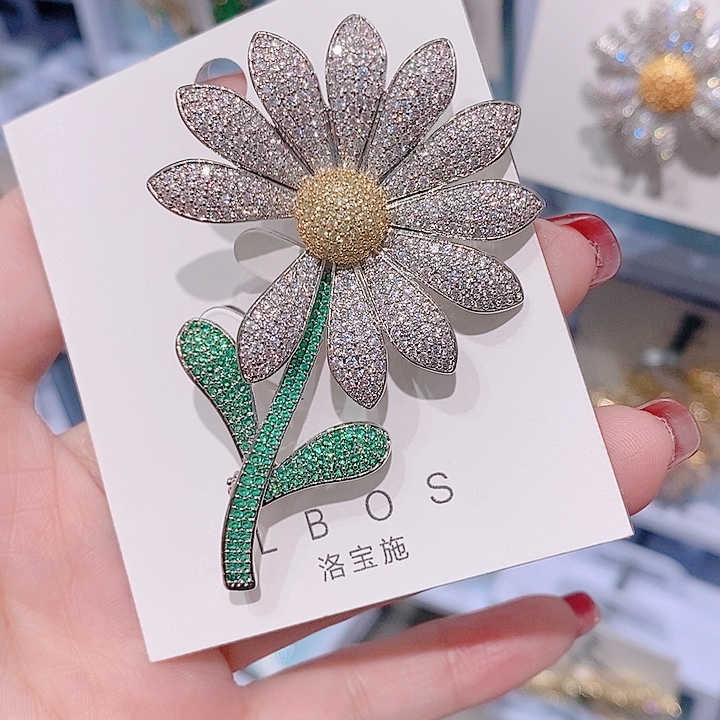 锆石铜合金向日葵胸针 带叶子