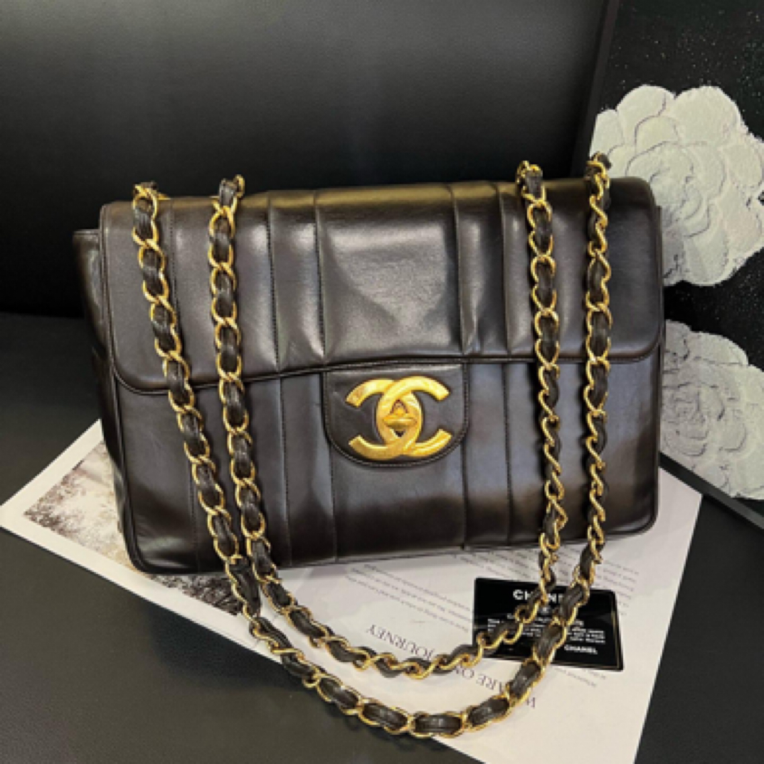 95新 Chanel/香奈儿 贝嫂黑金竖纹单肩包标卡齐全3开96年B3839