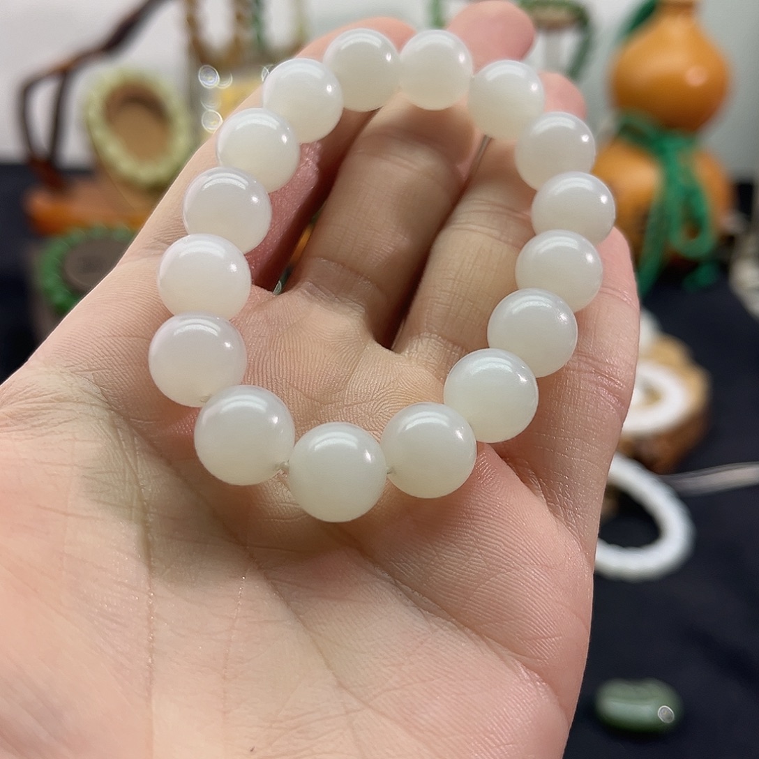 和田玉未镶嵌颈饰青海-高冰白-白玉手串-12mm