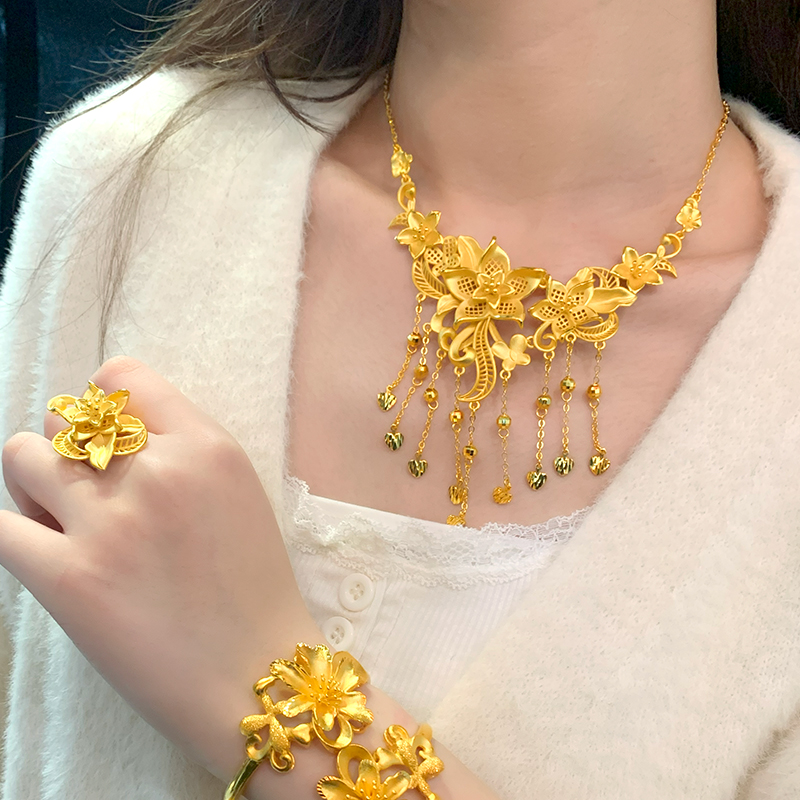 铜合金项链 新中式婚嫁花月佳期项链仿金花手镯婚庆五金饰品女款