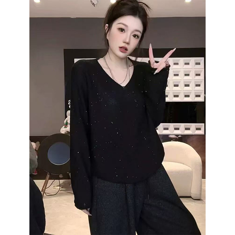 早春新款V领星空亮片针织衫女宽松慵懒风长袖上衣-886