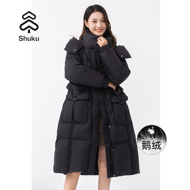 鹅绒长款羽绒服连帽立领冬季羽绒服秋冬保暖休闲长款
