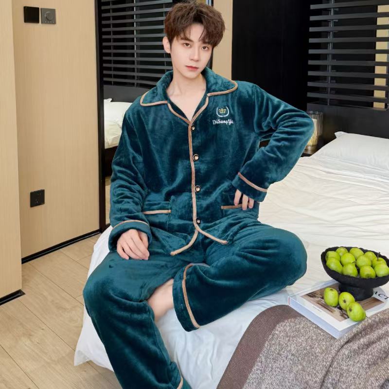 新款男士法兰绒睡衣秋冬加绒加厚家居服保暖加肥加大码可外穿