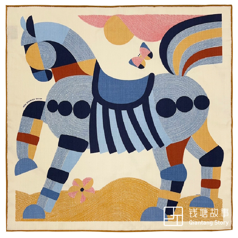 钱塘故事 70丝毛-迈步小马手工卷边真丝羊毛方巾65*65cm