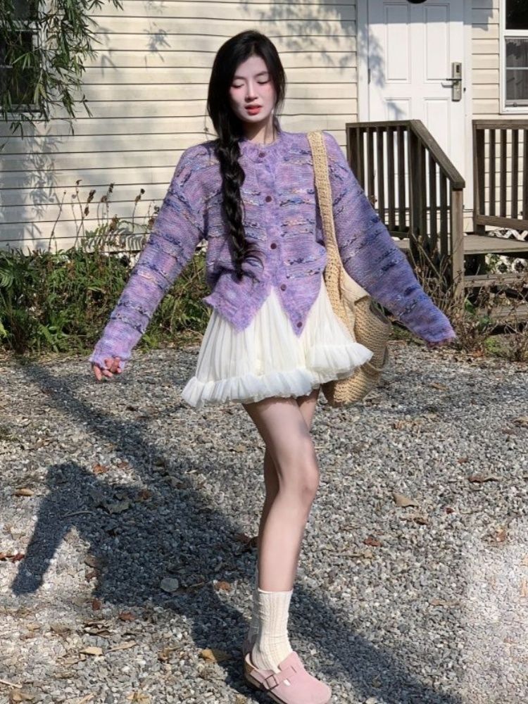 2025早春学院风韩系小个子温柔紫减龄圆领针织开衫外套蓬蓬短裙