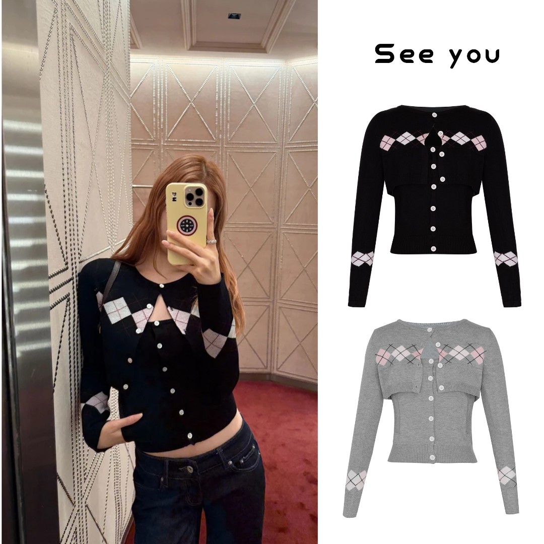  菱格秋季复古单排扣吊带上衣显瘦短款针织开衫两件套A1611
