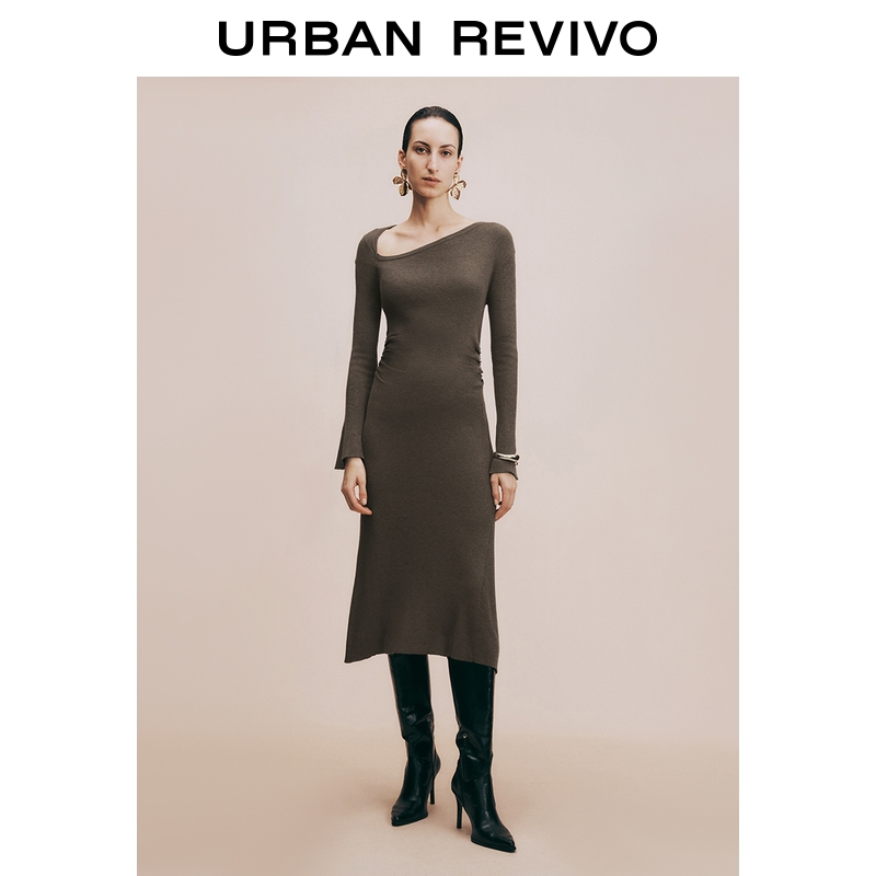 UR2025冬季新款女装流光风不对称领修身针织连衣裙UWG950175+