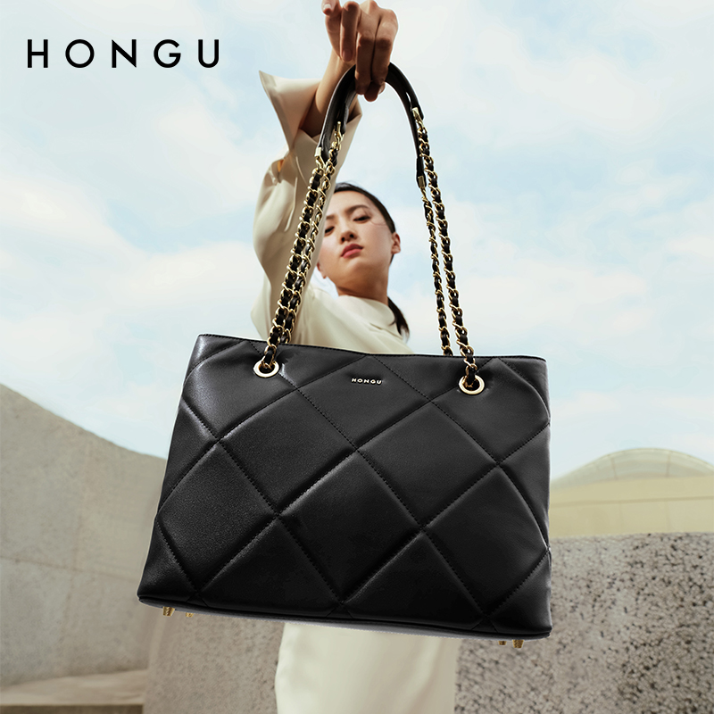 HONGU/红谷牛皮女包时尚大菱格单肩包大容量百搭包H5154441