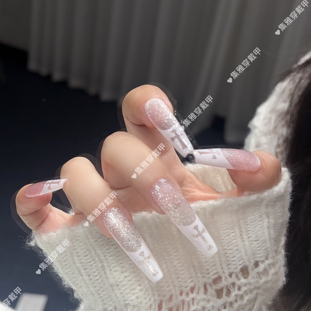 【镂空十字架】纯手工穿戴甲辣妹克罗心长款美甲爆闪猫眼可拆卸甲片