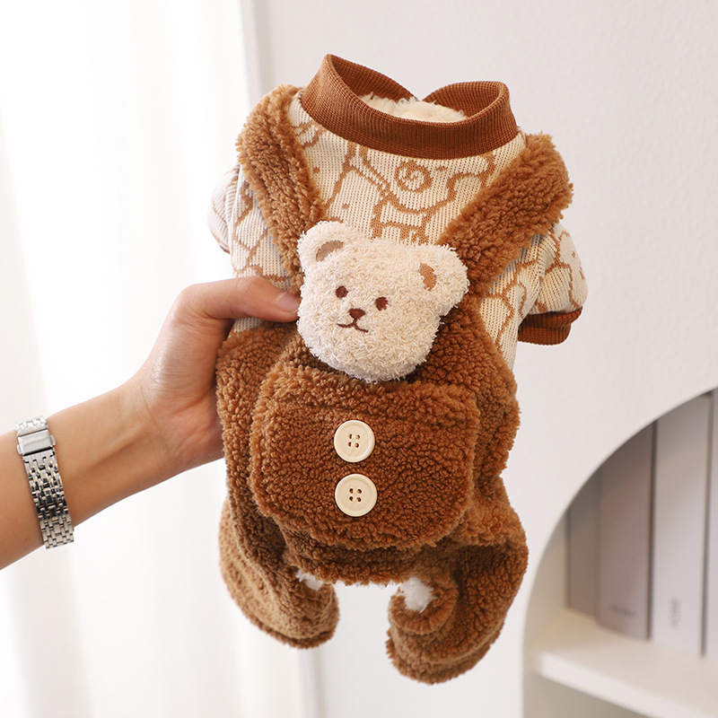 小熊口袋背带裤保暖四脚连体衣服加绒加厚立体可爱卡通小熊头外套