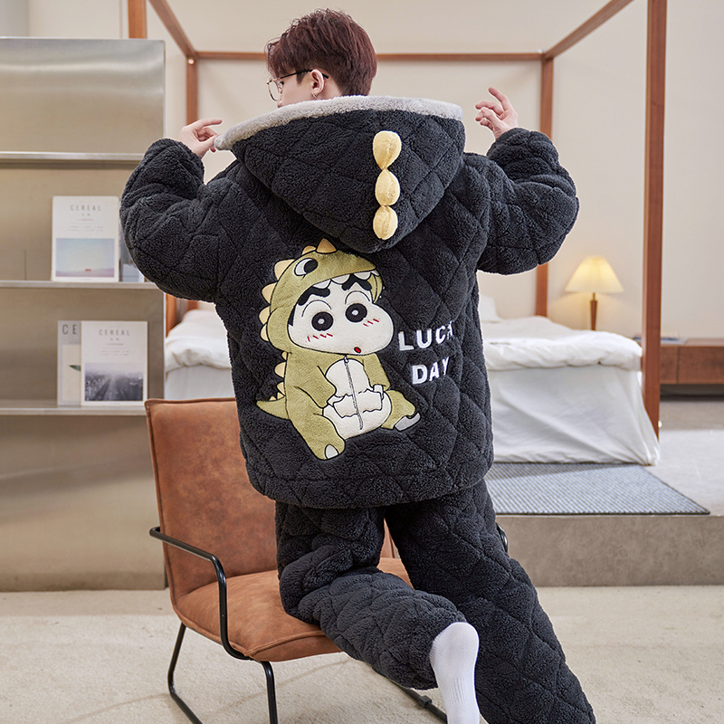 YUZHAOLIN/俞兆林男士冬季休闲洋气开衫款珊瑚绒三层夹棉连帽睡衣