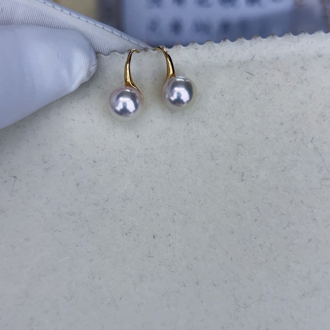 海水珍珠海水akoya高跟鞋耳勾8.5-9mm18K金镶嵌
