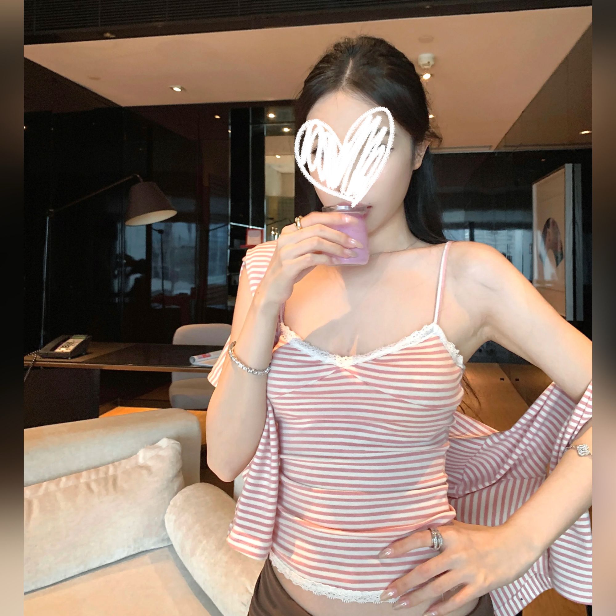 海派甜心 韩系通勤蕾丝拼接纯欲风条纹吊带开衫外套套装 9927#